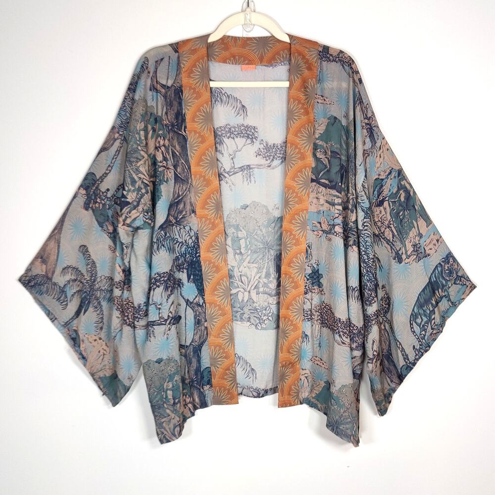 Powder Kimono Jacket Jungle Print Modal Blend Blue One Size